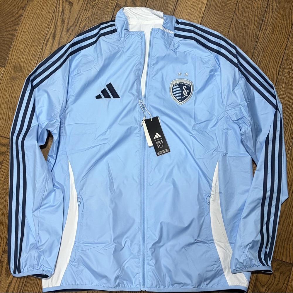 Adidas sporting Kansas City anthem jacket reversible glow Blue and White